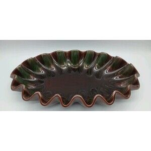 Royal Haeger Ruffle Dish Brown Green VTG Glaze R309 USA Scalloped Console